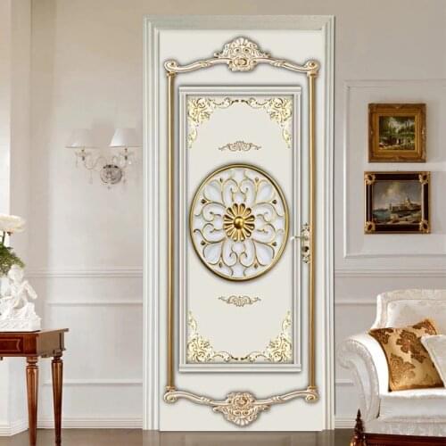 Golden Embossed Pattern Door Stickers Home Decoration European Style Bedroom Living Room Door Decals Waterproof Self-Adhesive