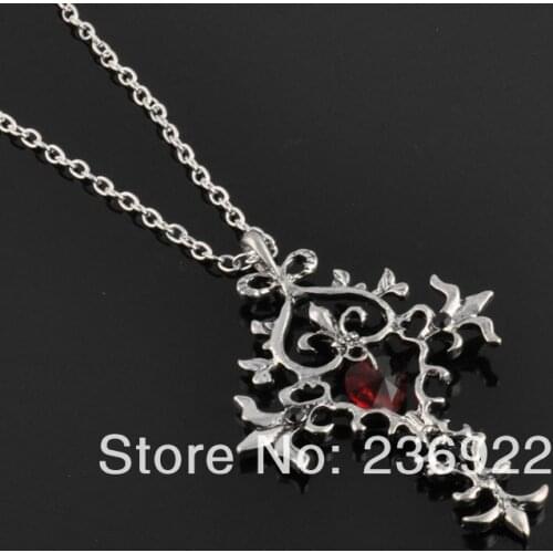 ZRM 20pcs/lot Wholesale Hot Vampire Diaries Vintage Unique RED Sacred Heart Crystal Cross Necklace Pendant Necklaces