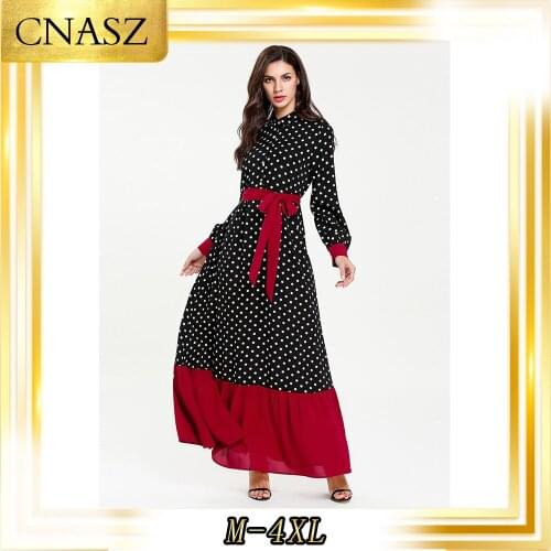 Abaya Turkish Autumn Gown Fashion Simple Black Dot Print Lace-Up Front Slit Single-Breasted Muslim Dress