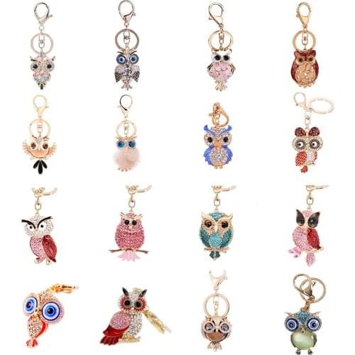 16 Style Cute Owl Crystal Keychain Rhinestone Pompon Animal Key Chain Key Ring Women keyholder Bag Pendant Key Car Charm Gift Z2