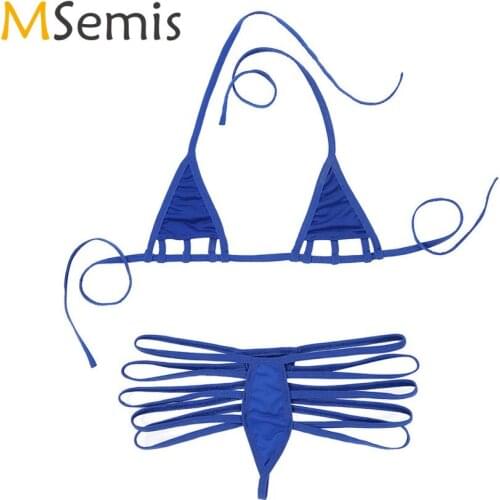 2Pcs Women Micro Mini Bikini Set Halter Neck Self-tie Bra Top with Multi-Strap G-String Briefs Minimal Cover Underwear Set