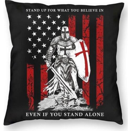 Custom Crusader Warrior American Flag Square Throw Pillow Case Decoration Printing Knight Templar Cushion Cover for Living Room