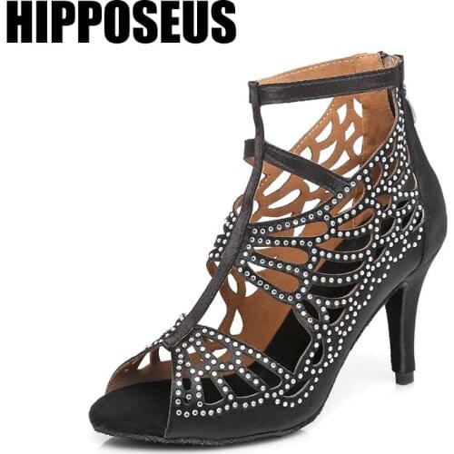 Hipposeus Girls Latin Dance Shoes for Women Ladies Ballroom Modern Tango Jazz Dancing Shoes Rhinestone Black Shoe Salsa Sandrals