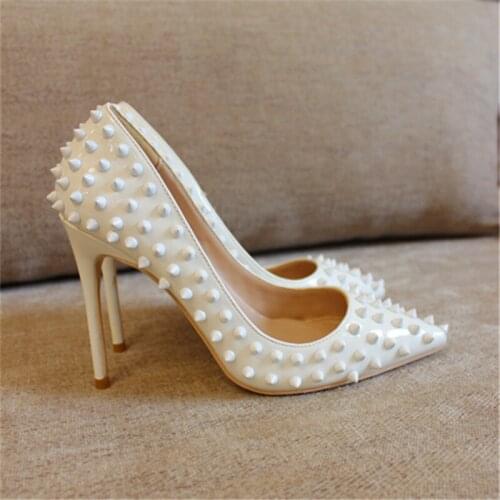 2019 Fashion free shipping women spikes white Patent Leather Poined Toe Stiletto high heel pump HIGH-HEELED SHOES Wedding Shoes