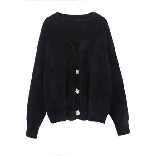 PERHAPS U Women Black White Solid V Neck Diamond Button Knitted Loose Sweater Cardigans Mohair M0044