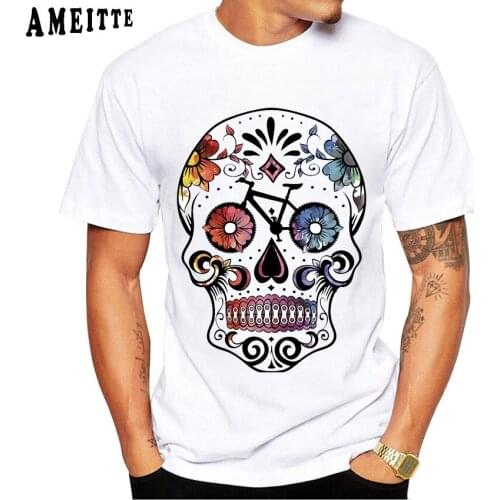 Funny Sugar Skull Bike Classic T-Shirt Fashion Men Short Sleeve Cool Bicycle Print White Casual Tops Hip Hop Boy Tee shirt