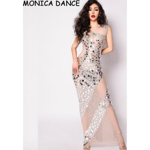 Women Sexy Stage Sparkly Silver Rhinestone Mirror Transparent Dress Women Birthday Celebrate Dress Dancer Party Dance Dress