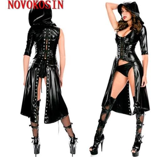 XB27 S-2XL Women Faux Leather Trench Poncho Halloween Queen Fancy Dress DS Nightclub Catsuit Cosplay Costume 2 PCS Dress+Panties