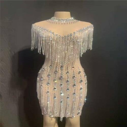 T70 Female pole dance rhinestone dress crystals hip skirt eveing dresses singer perform stage costume diamonds tassel outfit dj