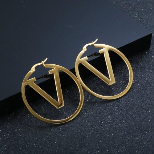 ZMFashion Letter V-design Earrings For Women Girls Gold-plated Simple Style Big Round Earings Jewelry Gifts Wholesale