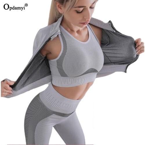 3Pcs Women Seamless Fitness Clothes Yoga Set Sportswear High Waist Leggings + Push Up Bra Gym Running Zipper Jacket Workout Wear