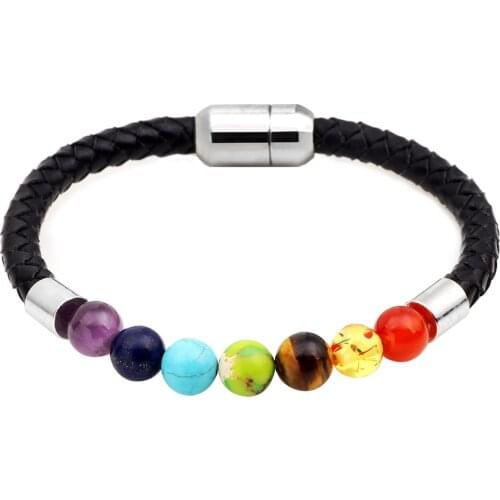 7 Chakra Bracelet Men Natural Stone Leather Bracelets & Bangles Yoga Jewelry MBR180164