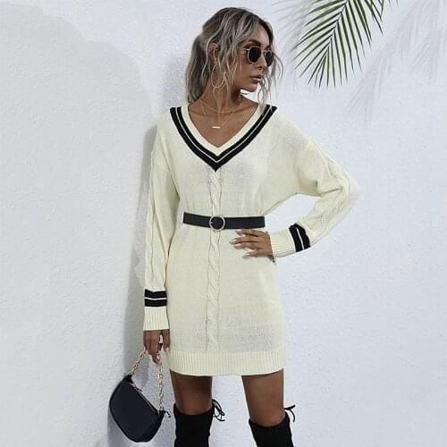 Beige Long Sweater Dress Spring Autumn V Neck Twist Knitted Pullover Sweaters Womens Casual Knitting Jumper Tops