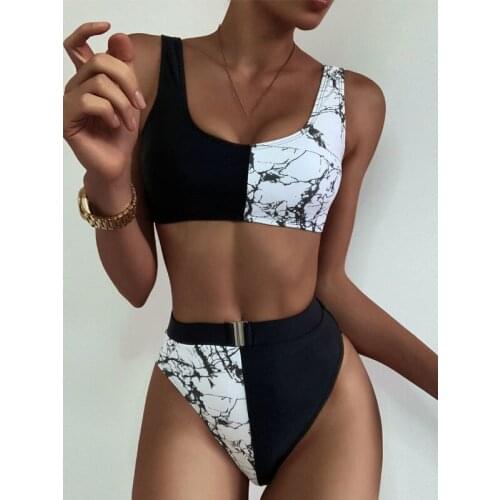 High Waisted Bikinis Sexy Womens Swimsuit Swimwear High Cut Bikini Set Printed Patchwork Biquini Belted Beachwear 2021