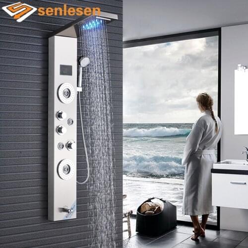 Brushed Nickel LED Light Shower Column & Panels with Temperature Display Shower Faucet for Bathroom