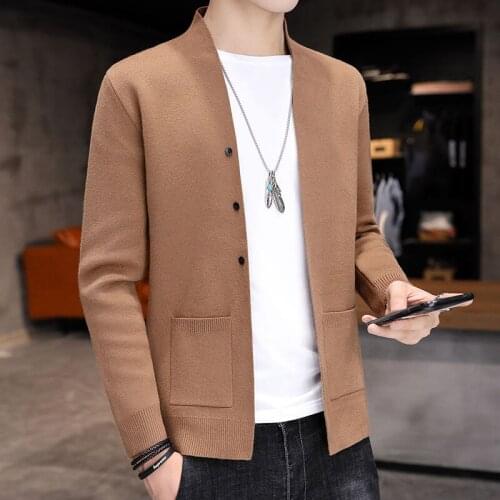 Stand Collar Chic Knitted Cardigan Men Long Sleeve Small Button Pocket Cardigan Top Men Autumn Winter Sweater Soft Cardigan Men