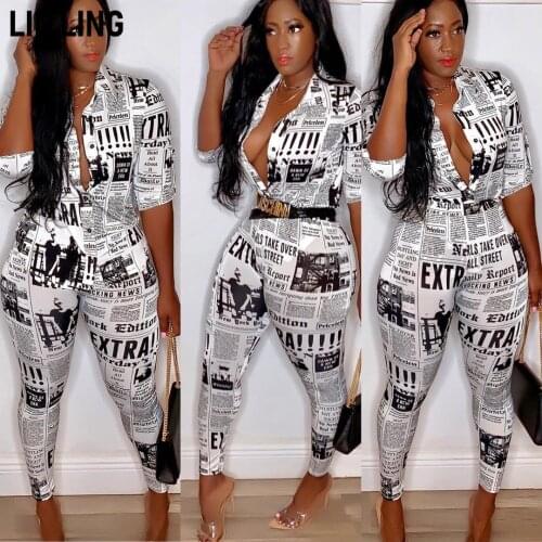 LINLING Sexy Club Outfits for Women - Two Piece Outfits for Party Night Newspaper Print Shirt Long Pants Tracksuit Outfits