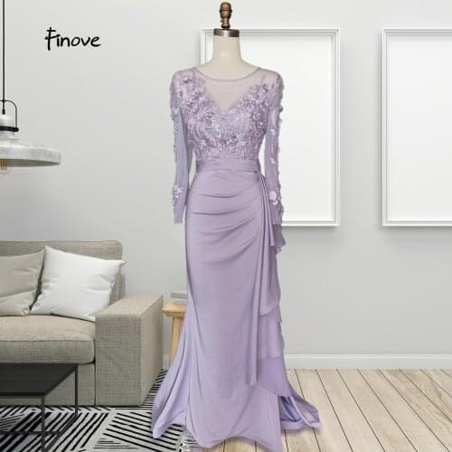 Muslim Evening Dresses 2021 O-Neck Appliques With Pleat Lace Long Sleeves Formal Dress