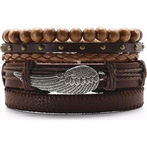 Wing Feather Khaki Cross Wooden Beads Rope Wrap Woven Rivet Black Leather Men Bracelets Women Fashion Bangle male Jewelry