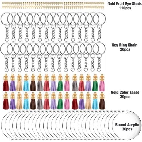 200pcs Acrylic Keychain Blanks Kit Including 30pcs Key Ring Chain 30pcs Color Tassel 30pcs Round Acrylic 110pcs Goat Eye Studs