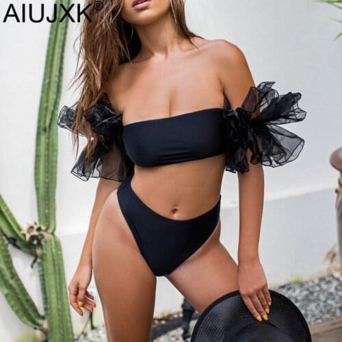 AIUJXK New 2021 Off Shoulder Solid Color Mesh Swimwear Women Sexy Bra And Panty Lingerie Set Biquini Woman 2 Pieces Swimsuit