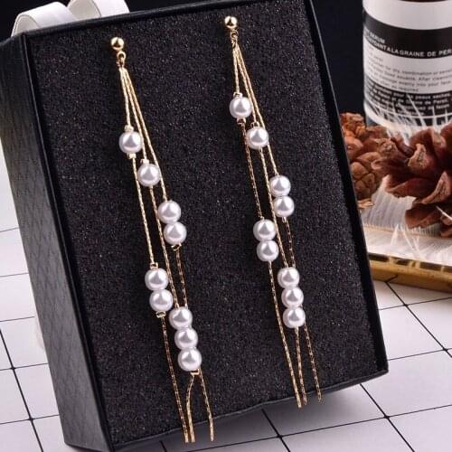 New 2021 popular women long tassel simulation pearl butterfly flower pendant earrings ladies wedding chain temperament earrings