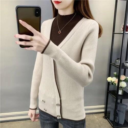 New Winter Womens Sweater Fake Cardigans Buttons Decor Fashion Contrast Color Pullovers Oversize Slim Warm Knit Sweaters Female
