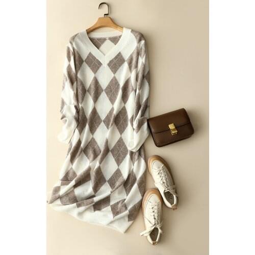 Autumn winter fashion 100% cashmere diamond sweater dress v neck knee length long sleeve contrast chic pullovers knit loose tops