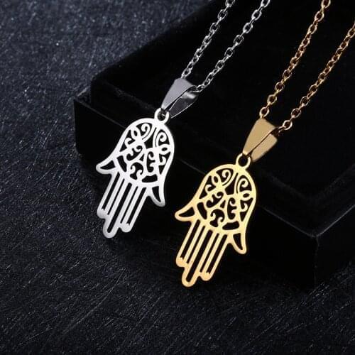 Stainless Steel Palm Hand Pendant Necklace for Women Silver Color Chain Choker Hollow Lucky Simple Jewelry Couple Gifts
