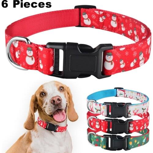 Christmas Dog Collar Adjustable XMAS Durable Nylon Printed Boy Girl Collar Perro Chihuahua Nylon Necklace Puppy Gift 6 Pieces