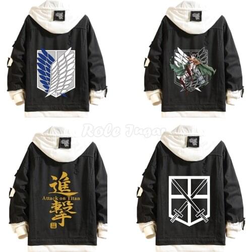 S-4XL Attack on Titan Jeans Jacket Scout Regiment Cosplay Denim Jacket Autumn Eren Jager Hooded Sweatshirt Outwear Coat C75K245