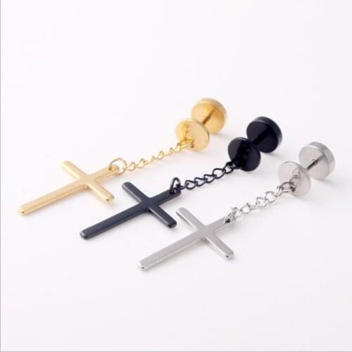 Mling 1pcs Stainless Steel Earring For Women Barbell Cross Pendant Ear Stud Gold Color Hypoallergenic Earring Fashion Jewelry5