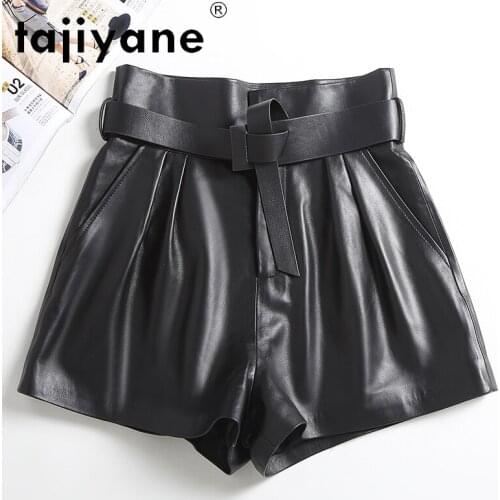 Streetwear Genuine Women Leather Wide Leg Trousers Woman Shorts Real Sheepskin Shorts Summer Mujer Pantalones TN2489
