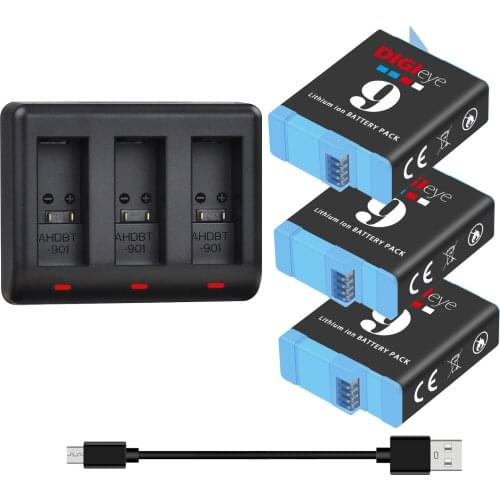 4pcs 1780mAh AHDBT-901 Batteries and 3-Slots Charger for GoPro Go Pro Hero 9 Hero9 Black Action Camera Accessories