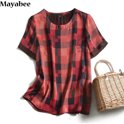 2021 Spring New Plaid Satin Heavy Silk Fragrant Cloud Yarn Casual Woman Top Literary Short T-Shirt