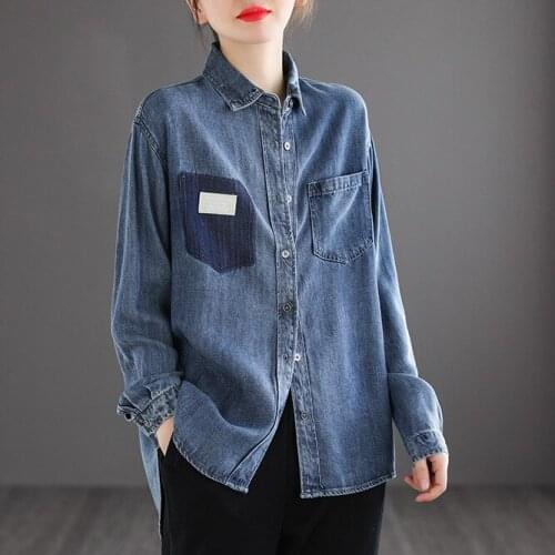 2021 New Spring Autumn Denim Blouses Retro Stitched Pocket Tops Women Cardigan Button Loose Casual All-match Shirt Fashion Blusa