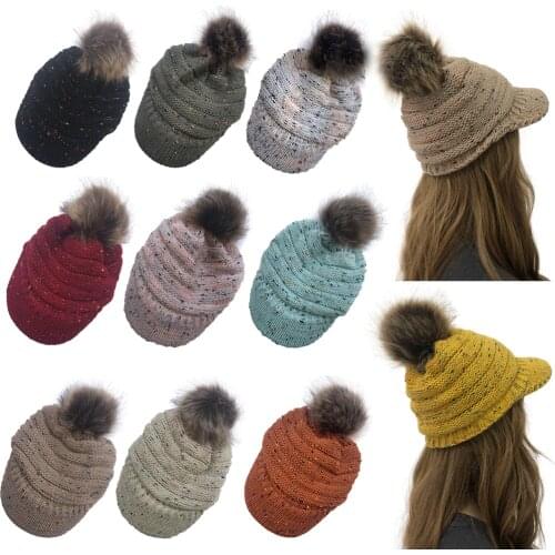 Womens Ribbed Knit Hat with Brim Womens Winter Warm Slouchy Cable Knit Beanie Skull Hat with Visor With Pom