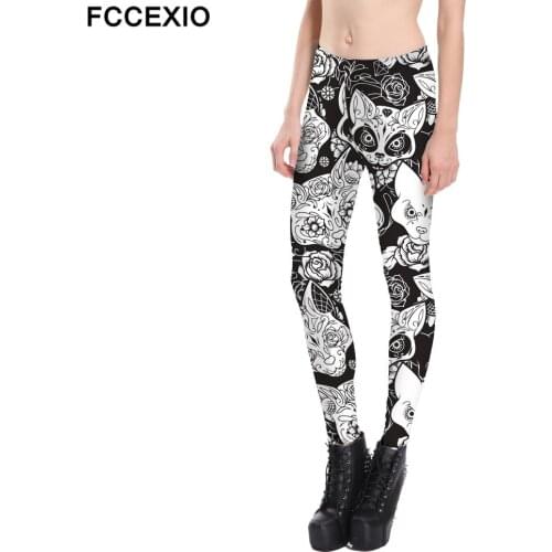 FCCEXIO Fox Head Print High Quality Women Black Leggings Fashion Elastic Pants Sport Fitness Leggins Seamless Jogging Pants
