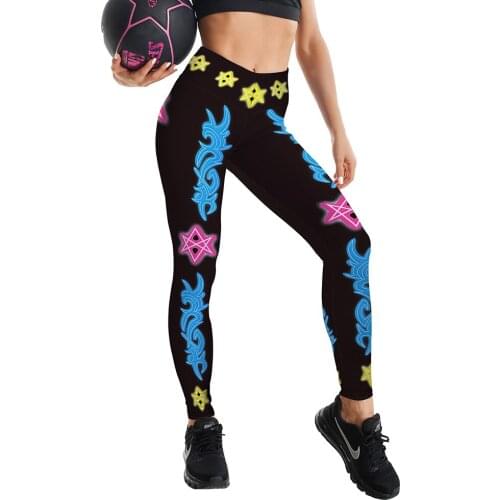 12%spandex Sexy Push Up Elastic High Waist Printed Leggings For Women Yellow Star Totem Black Leggings