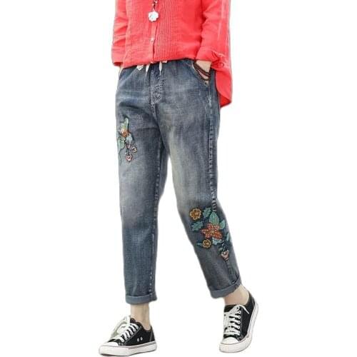 Women 2021 Spring Summer New Retro Embroidery Harem Pants Female Loose Holes Old Patche Literary Elastic Waist Cowboy Pants A86