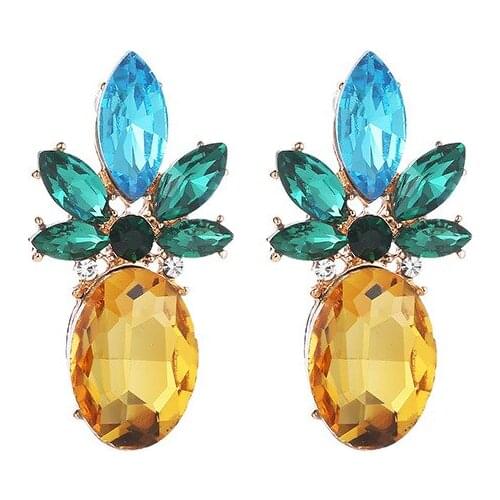 Fruits Yellow Pineapple Green Leaf Bling Starry Crystal Rhinestone Bling Stud Earrings For Women Jewelry