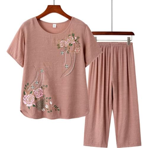 Cotton and hemp imitation summer Chinese style short sleeve T-shirt Capris two piece womens suit