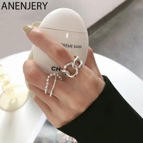 ANENJERY Fashion Irregular Hollow Circle Chain Silver Color Ring for Women Party Jewlery Birthday Gifts Wholesale S-R817