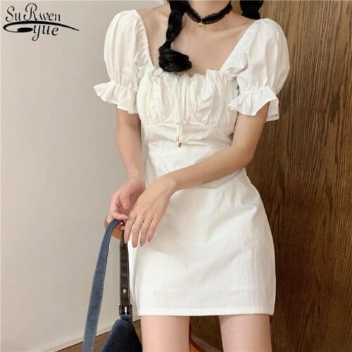 2021 Summer Dress Korean Wild White Dress Short Sleeve Square Neck Mini Dress Bubble Sleeve Womens Dress Robe Vestido 14670