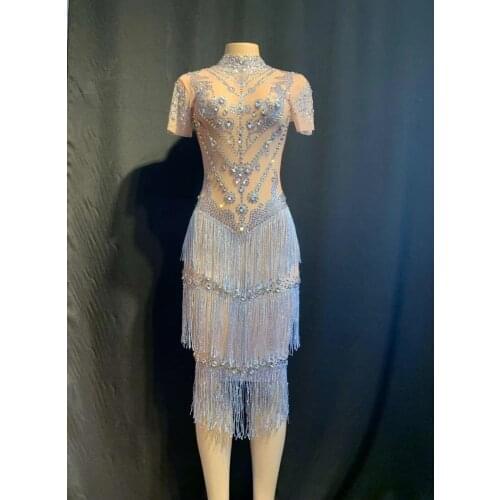 High Quality Shining Rhinestones Fringes Dress Lady Prom Evening Outfit Singer Dancer Mesh Dress Birthday Tassel Net Dress