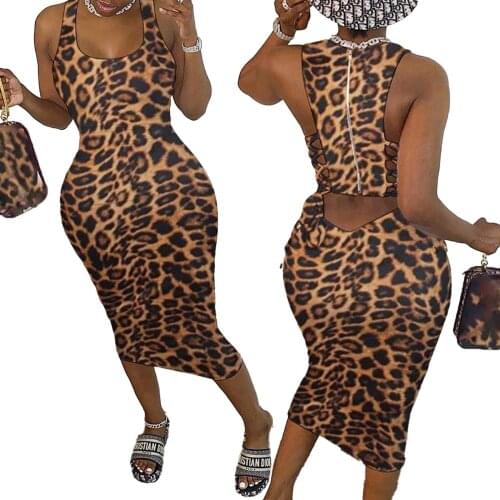 2021 New Arrival Womens Sexy Knitted Spaghetti Strap Sleevless Bodycon Midi Club Cocktail Leopard Print Dress Drop Shipping