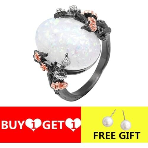 Vintage Big Oval Opal Stone Flower Rings For Women Black Gold Color Engagement Wedding Ring Jewelry Bague Anel Accessories Mujer
