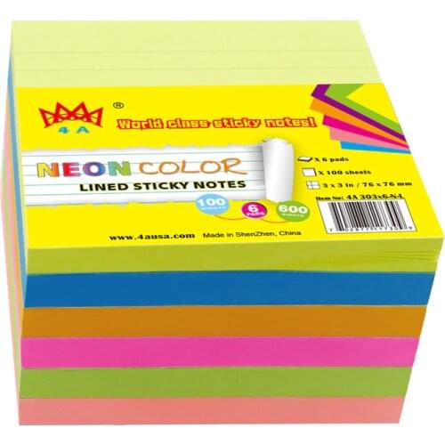 6 Pads 4A 303x6-N-L 3 x 3 Inches Neon Assorted with Lined Sticky Notes Kawaii Stationery Cute Stickers Planner Note Notepad