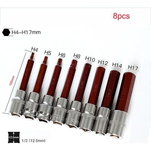 8Pcs Length 55mm/100mm Hex Screwdriver Bits Kit 1/2"(12.5mm) Drive Socket Hand Tools Metric Socket Joint Wrench Set