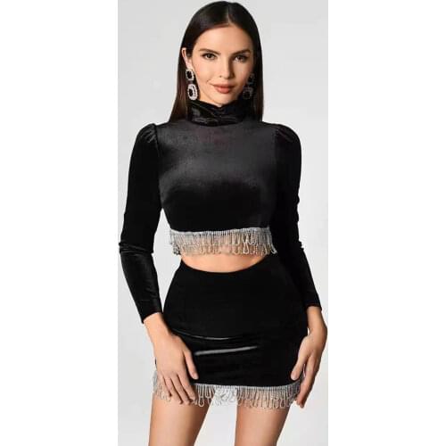 Free shipping black sexy diamond tassel velvet two-piece sets short top & high waist pencil skirt set club party Female winter